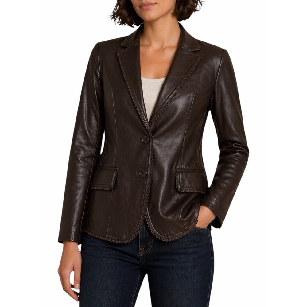 Jaclyn Smith Scallop Trim 2 Button Leather Blazer Jacket Dark Brown Size 14
